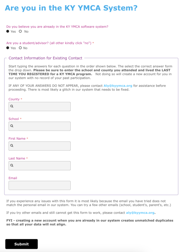 "Are you in the KY YMCA System" form